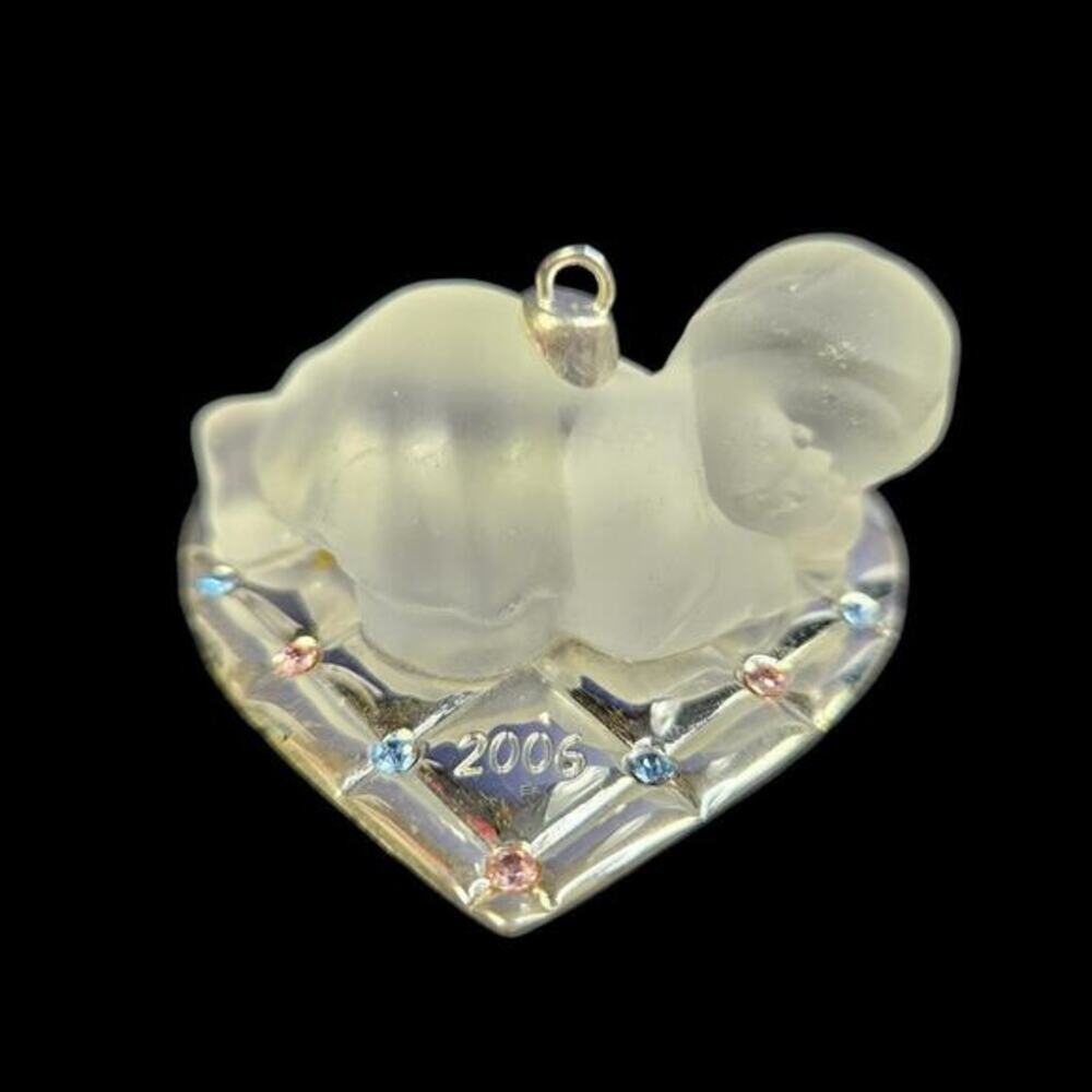 Gorham Baby First Christmas Ornament Silver and Glass Heart‎ With Ribbon in Box